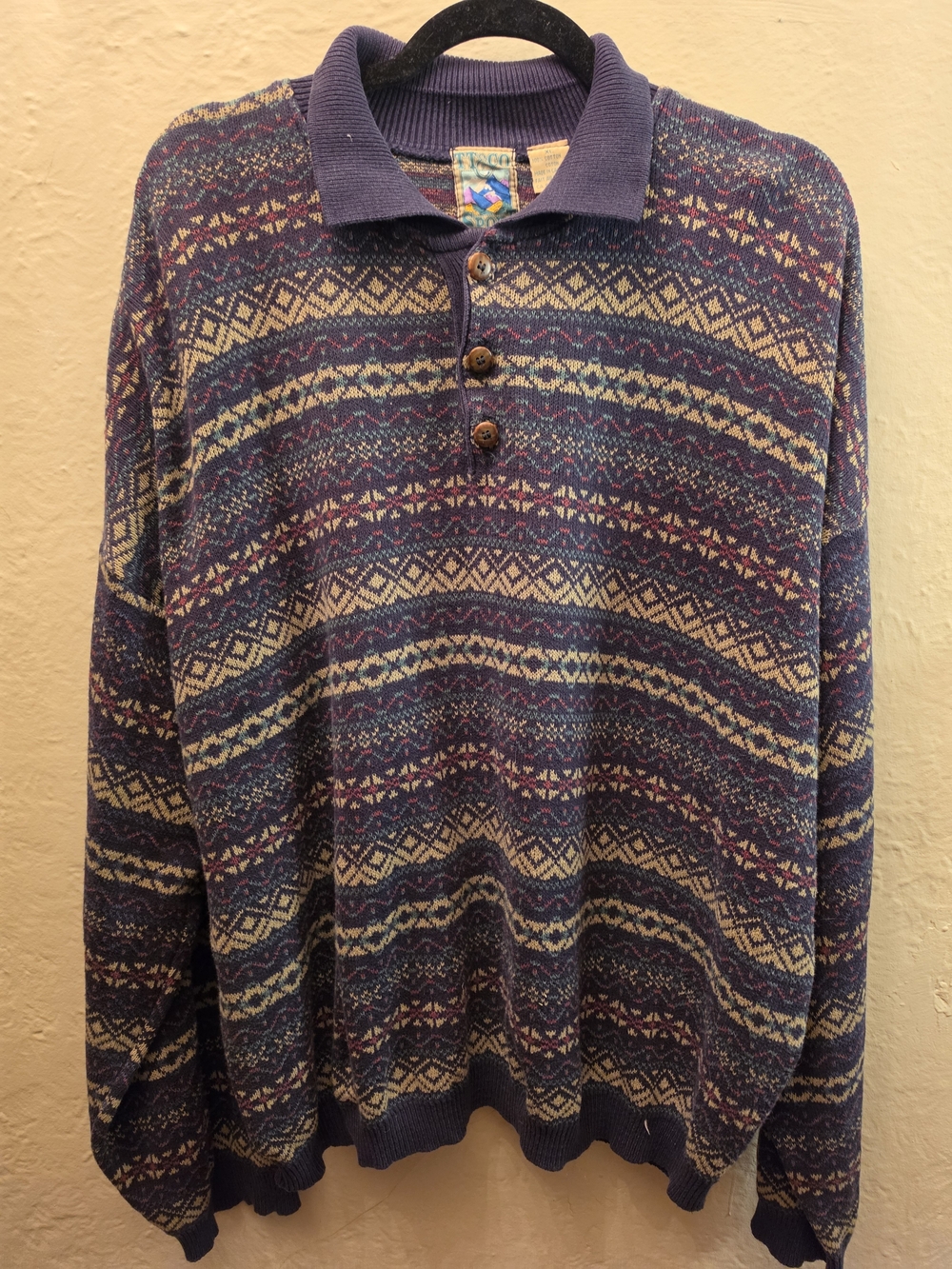 Vintage TT&CO Fair Isle Cotton Sweater XL Made in Canada Grandpa Polo Knit